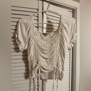 Fame White Sinched Off The Shoulder Crop Top